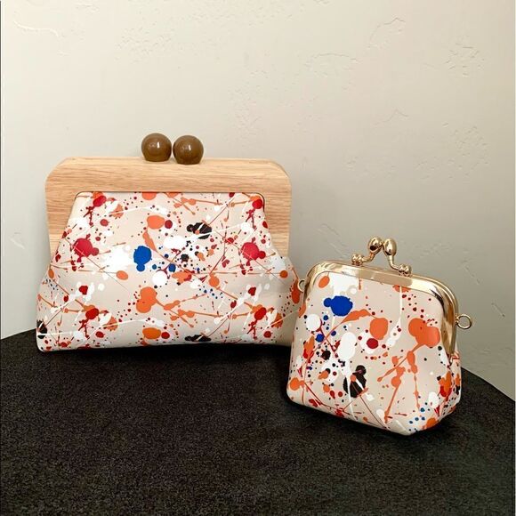 Handmade Genuine Leather Splatter Printed Wooden Frame Clutch with Small Purse
